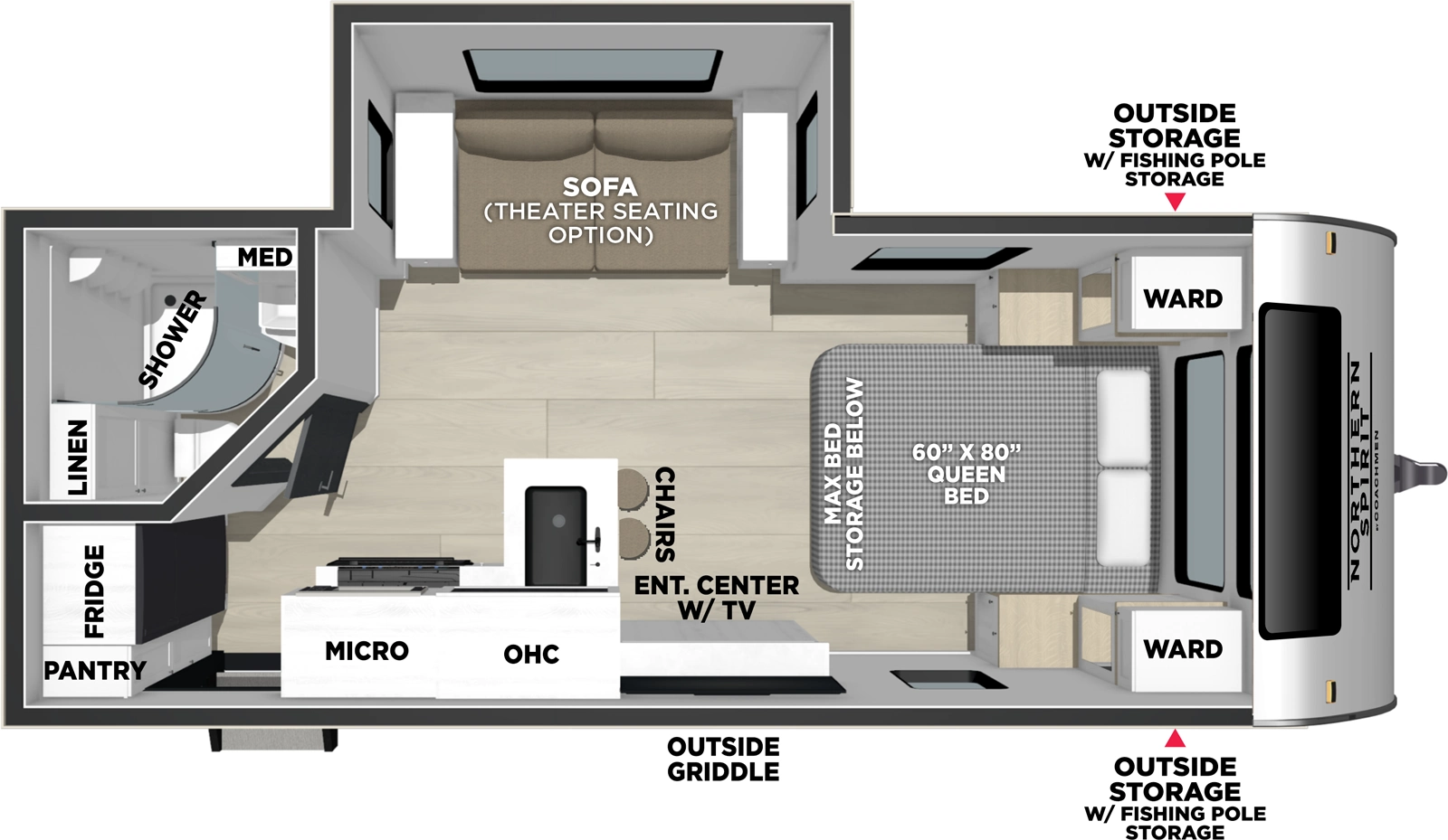 The 194RB has one slide out on the off-door side and one entry door on the door side. Interior layout from front to back: front bedroom with foot facing queen bed containing max bed storage, overhead cabinet, and wardrobes on either side of the bed; kitchen living dining area with off door side slide out containing sofa and end tables on either side; door side entertainment center; door side kitchen containing double basin sink, bar stools, overhead cabinet, microwave cabinet, and cook top stove; off door side bathroom; and door side refrigerator and hutch.